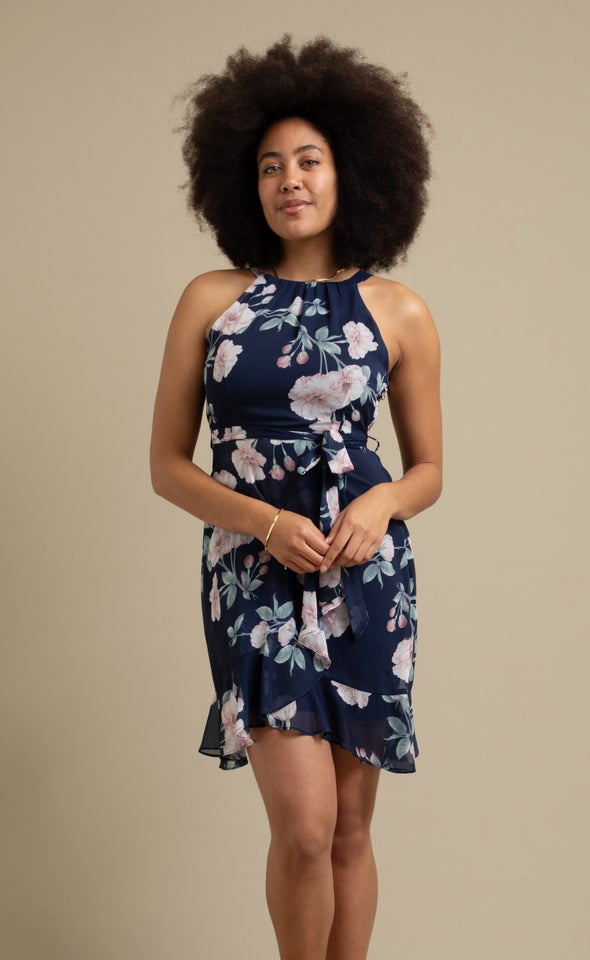 Chiffon Halter Skater Dress Navy/floral