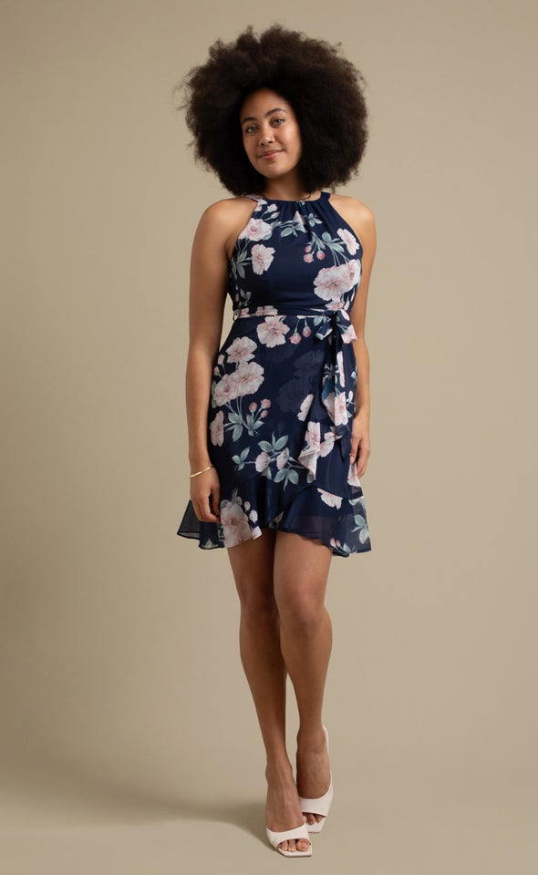 Chiffon Halter Skater Dress Navy/floral