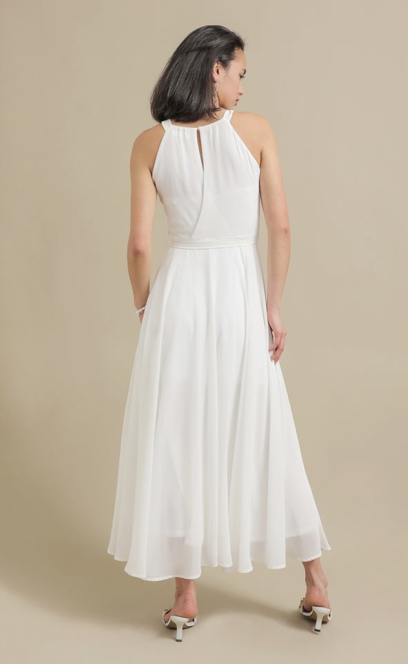 Chiffon Halter Tie Waist Gown Cream