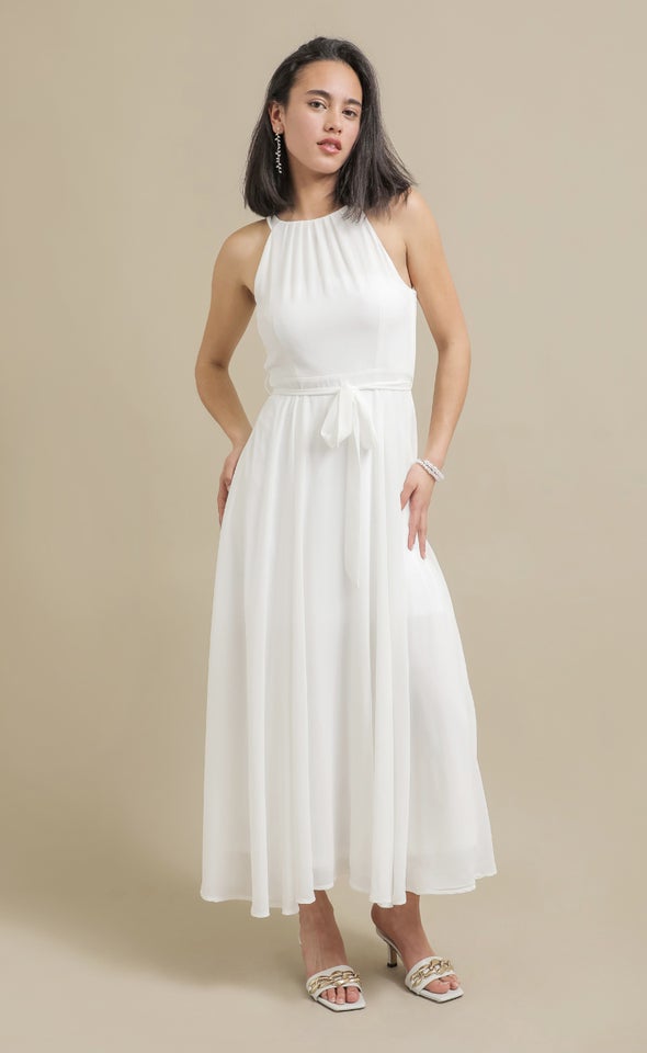 Chiffon Halter Tie Waist Gown Cream