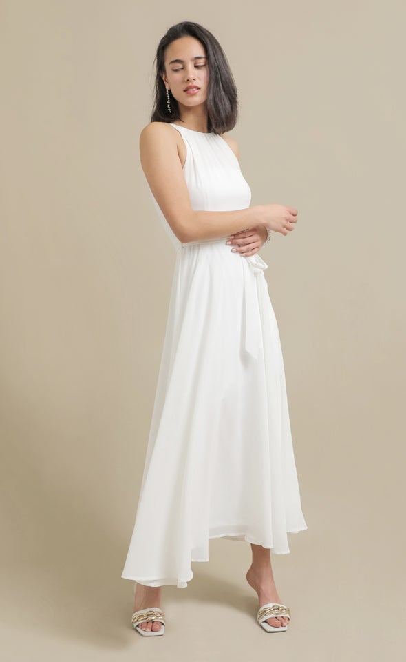 Chiffon Halter Tie Waist Gown Cream