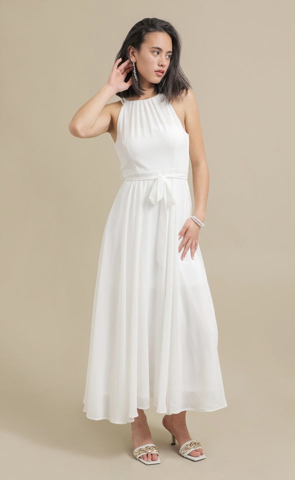 Chiffon Halter Tie Waist Gown Cream