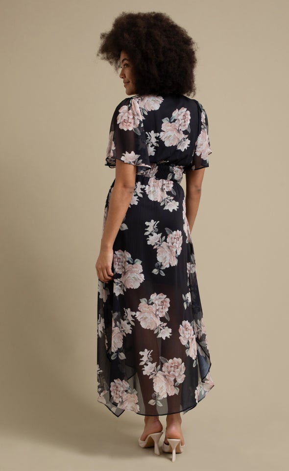 Chiffon Handkerchief Hem Maxi Black/blush Floral