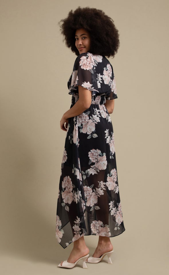 Chiffon Handkerchief Hem Maxi Black/blush Floral