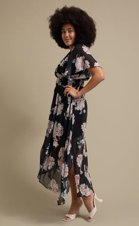 Chiffon Handkerchief Hem Maxi Black/blush Floral