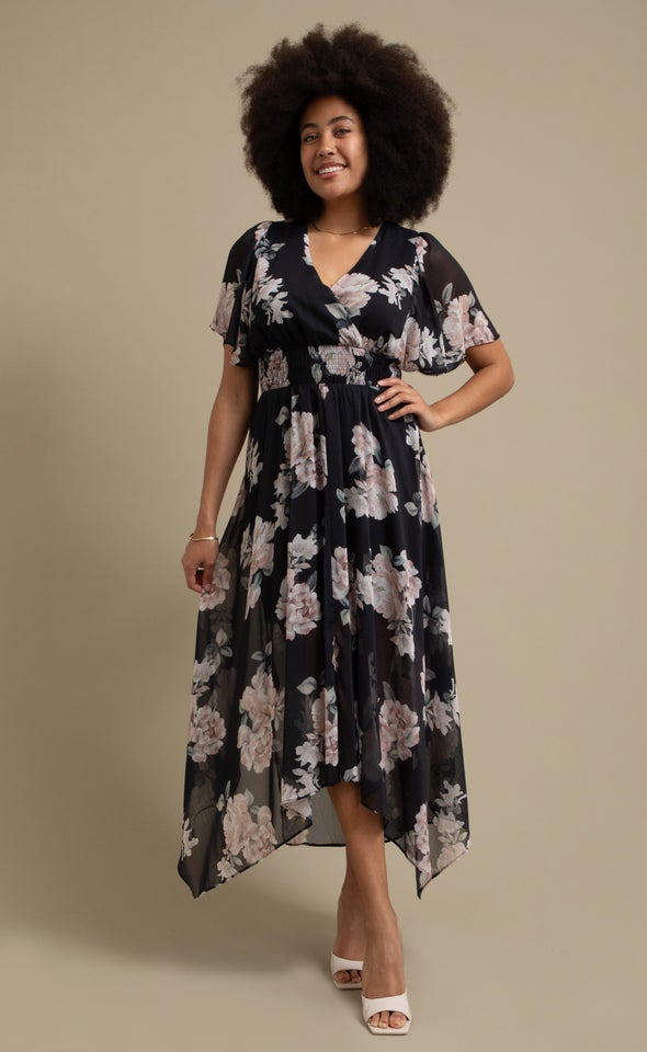 Chiffon Handkerchief Hem Maxi Black/blush Floral