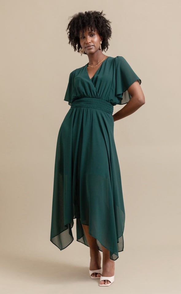 Chiffon Handkerchief Hem Maxi Emerald