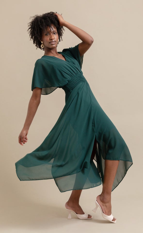 Chiffon Handkerchief Hem Maxi Emerald