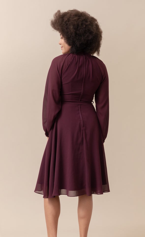 Chiffon High Neck A-Line Dress Aubergine