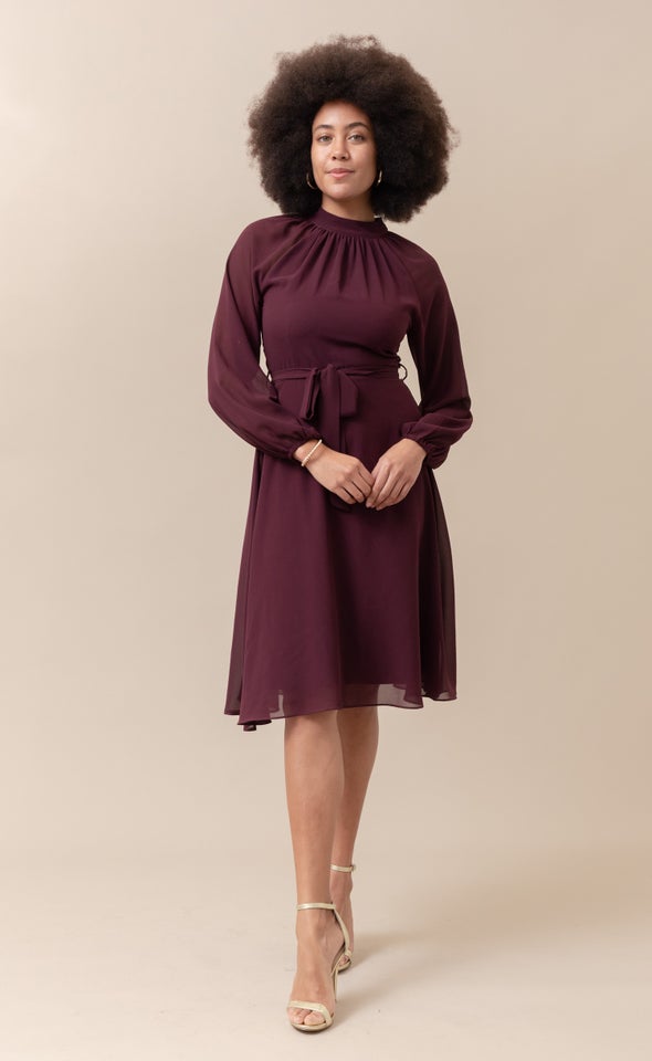 Chiffon High Neck A-Line Dress Aubergine