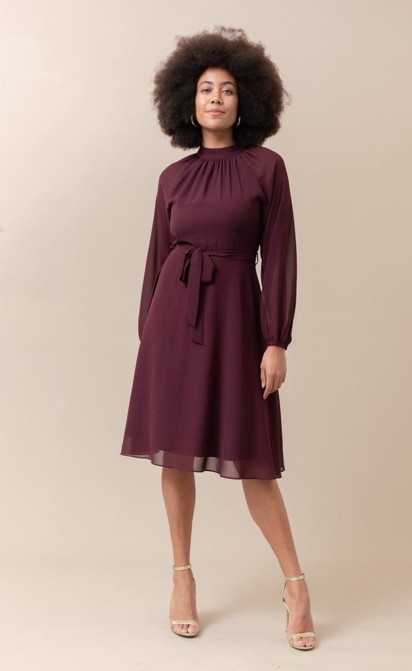 Chiffon High Neck A-Line Dress Aubergine