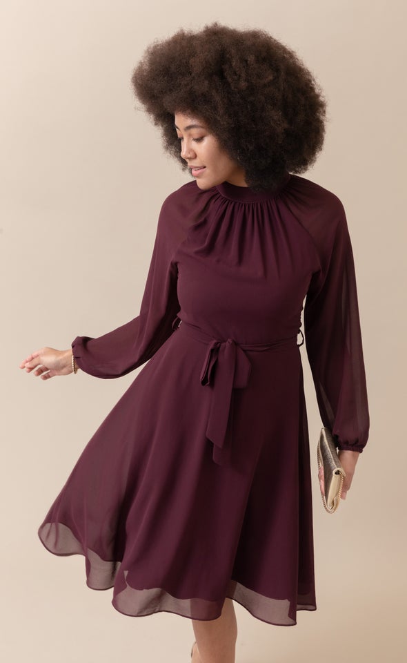 Chiffon High Neck A-Line Dress Aubergine