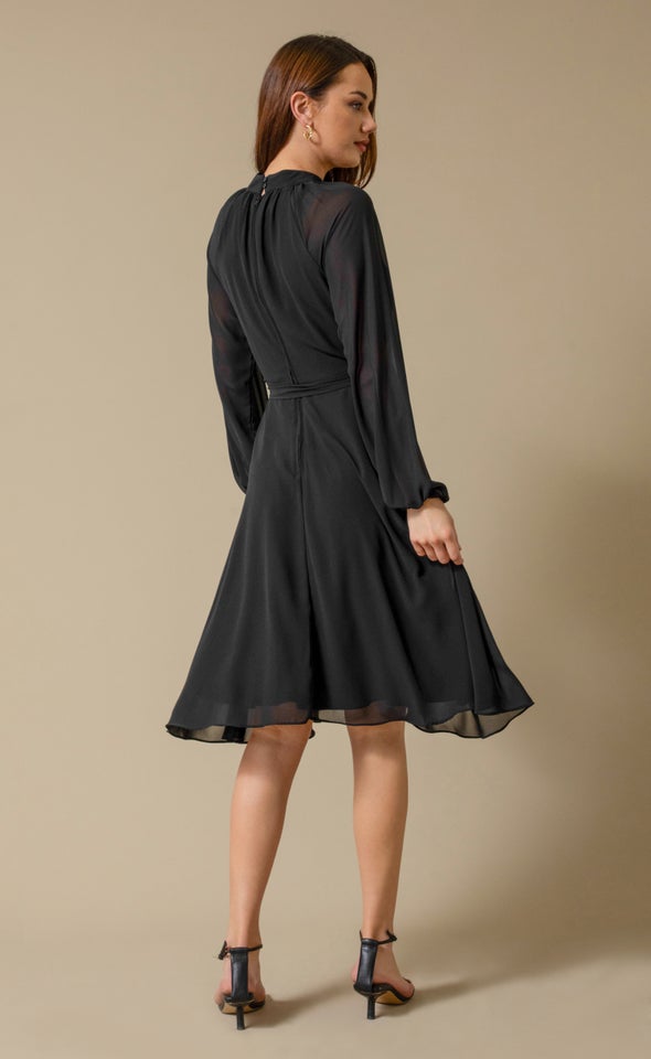 Chiffon High Neck A-Line Dress Black