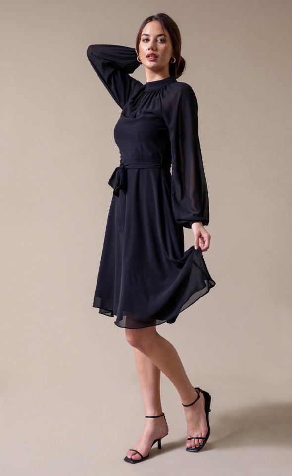 Chiffon High Neck A-Line Dress Black