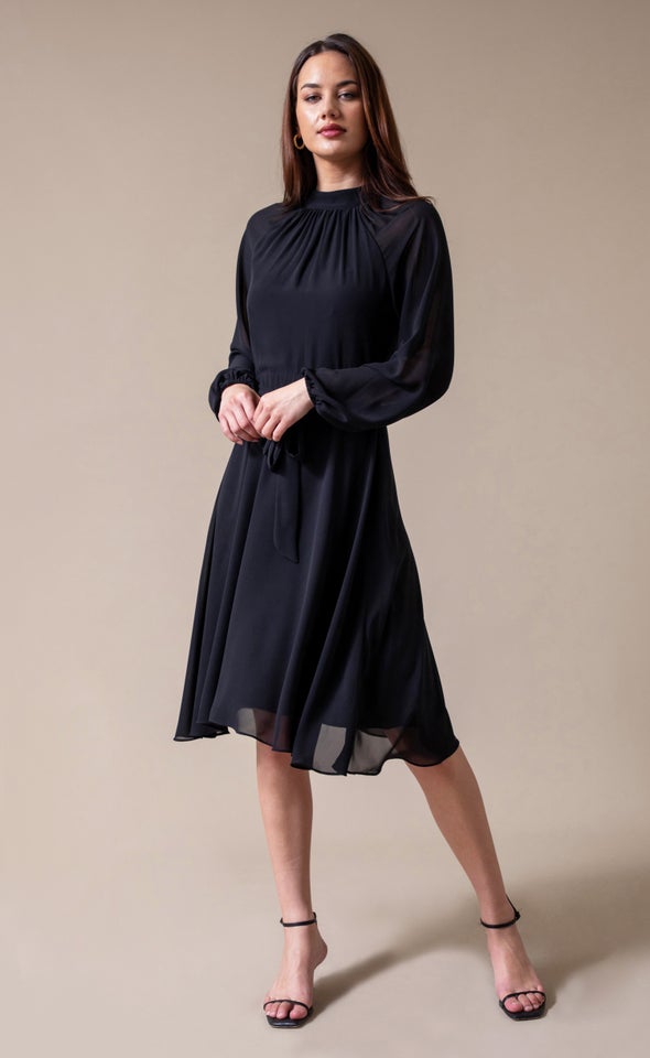 Chiffon High Neck A-Line Dress Black