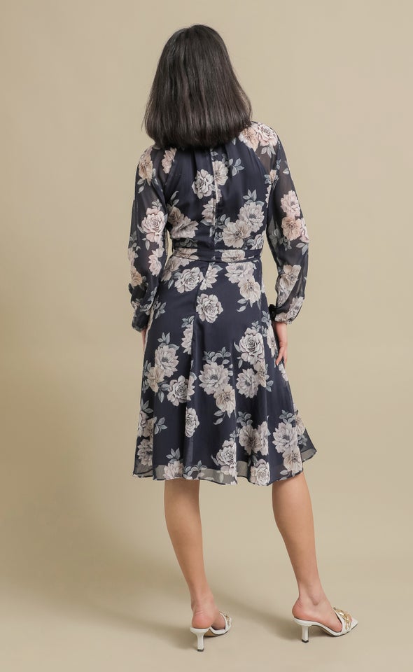 Chiffon High Neck A-Line Dress Navy/floral