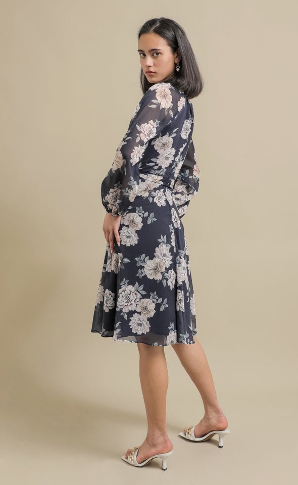 Chiffon High Neck A-Line Dress Navy/floral