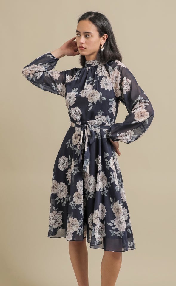 Chiffon High Neck A-Line Dress Navy/floral