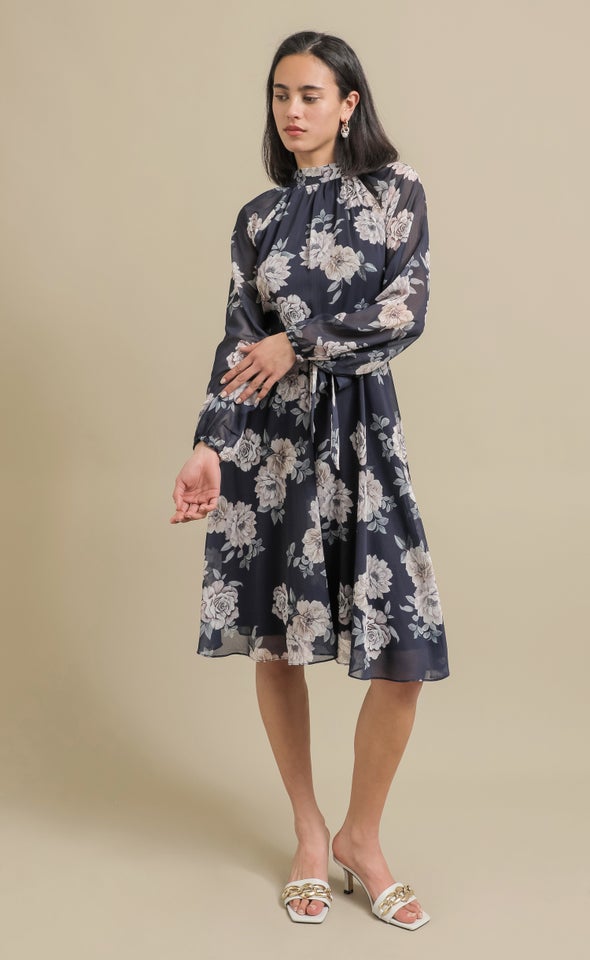 Chiffon High Neck A-Line Dress Navy/floral