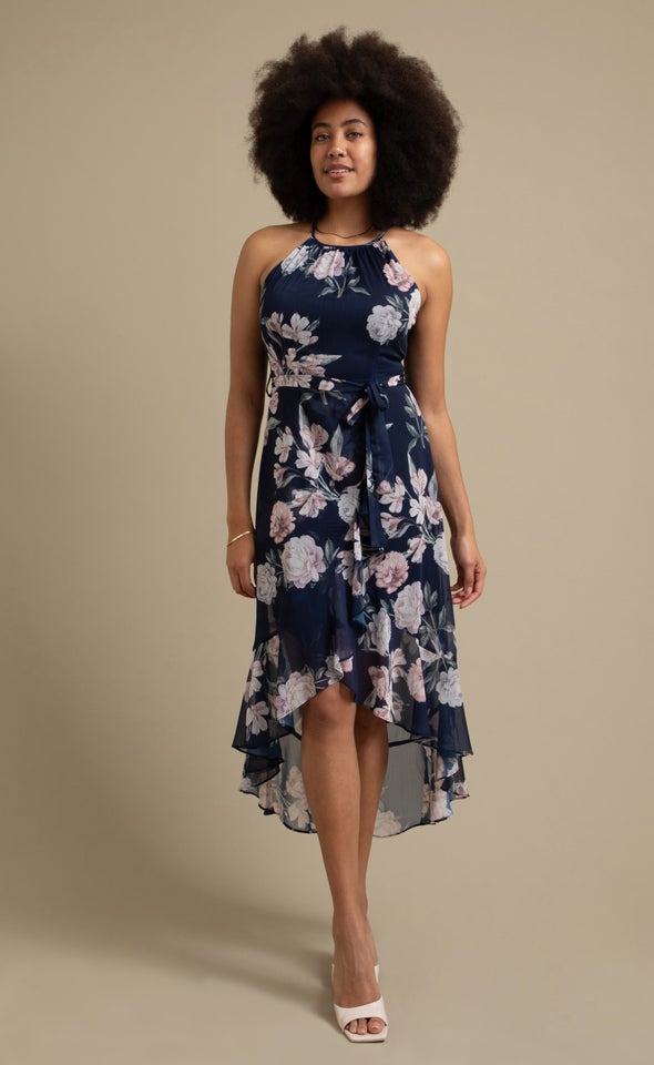 Chiffon High Neck Maxi Navy/floral