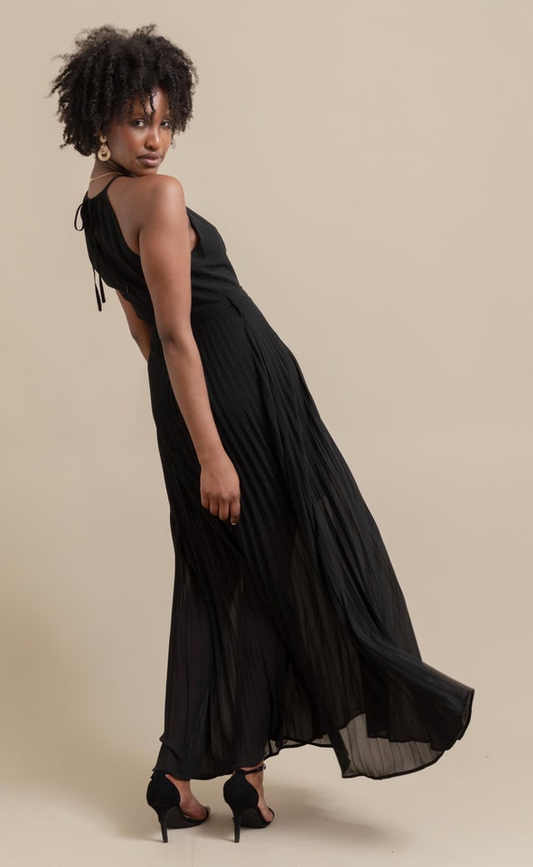 Chiffon High Neck Pleated Maxi Black