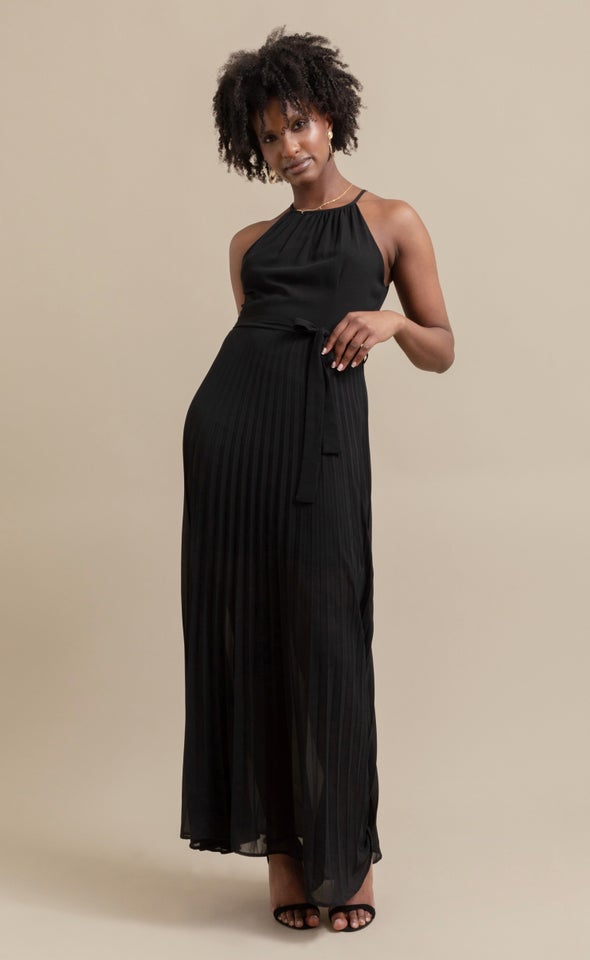 Chiffon High Neck Pleated Maxi Black