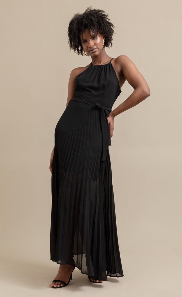 Chiffon High Neck Pleated Maxi Black