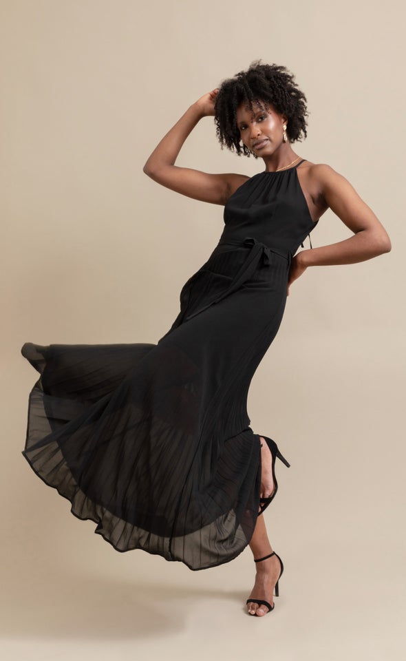 Chiffon High Neck Pleated Maxi Black