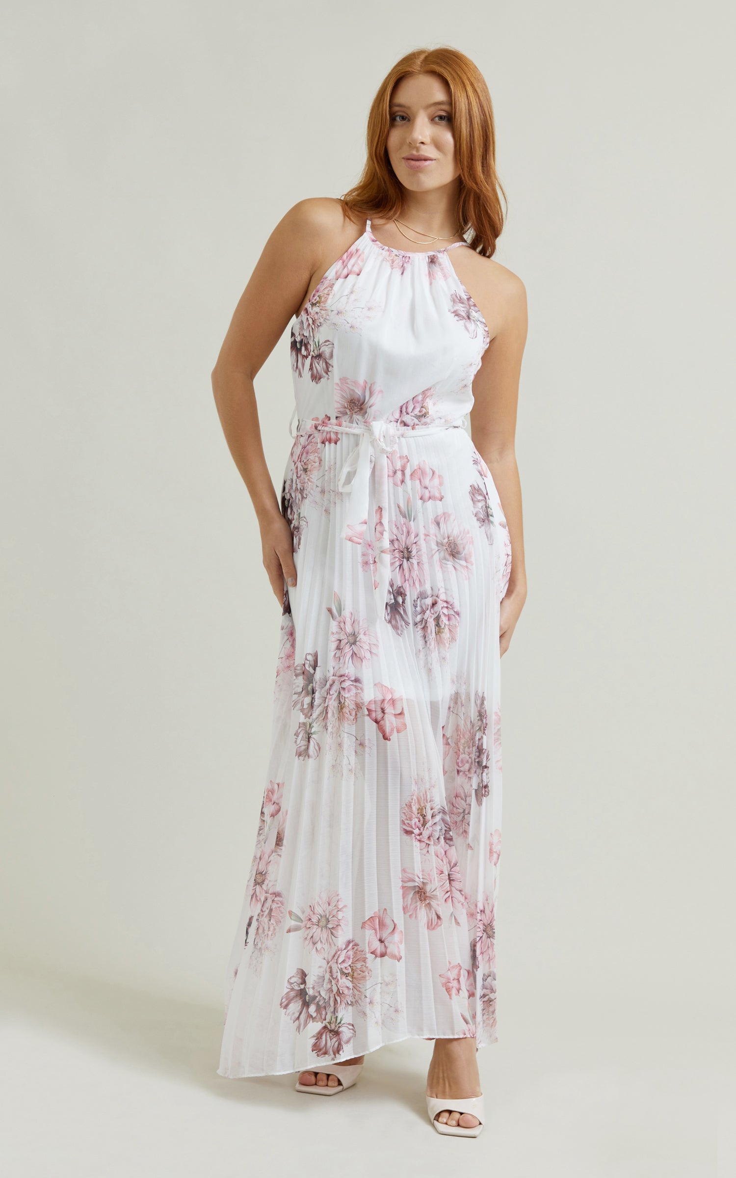 Pink chiffon high hot sale neck maxi dress