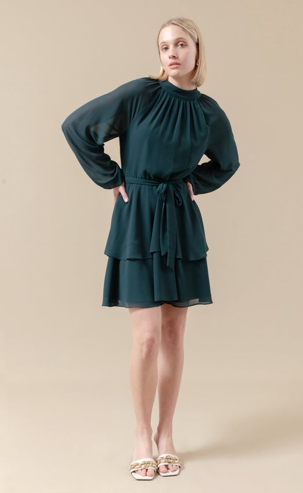 Chiffon Layered Skirt LS Dress Dark Emerald