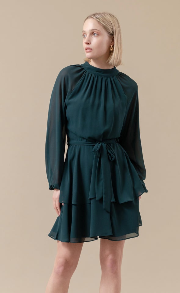 Chiffon Layered Skirt LS Dress Dark Emerald