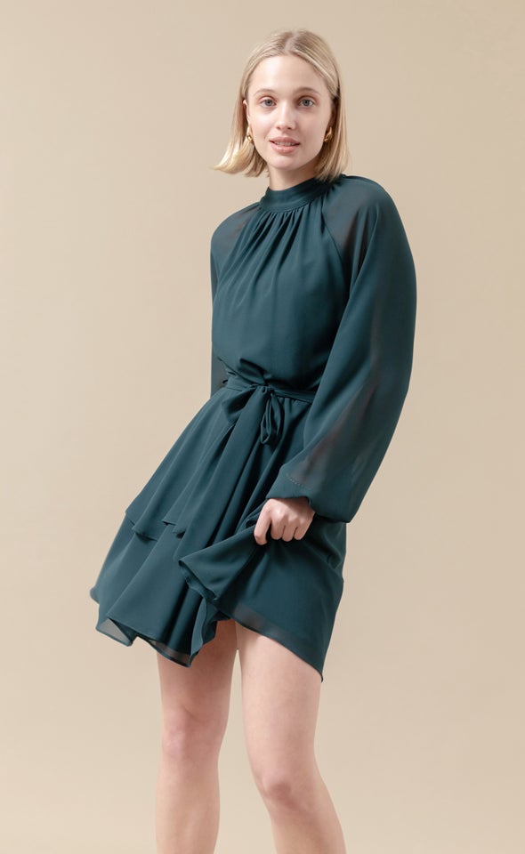 Chiffon Layered Skirt LS Dress Dark Emerald