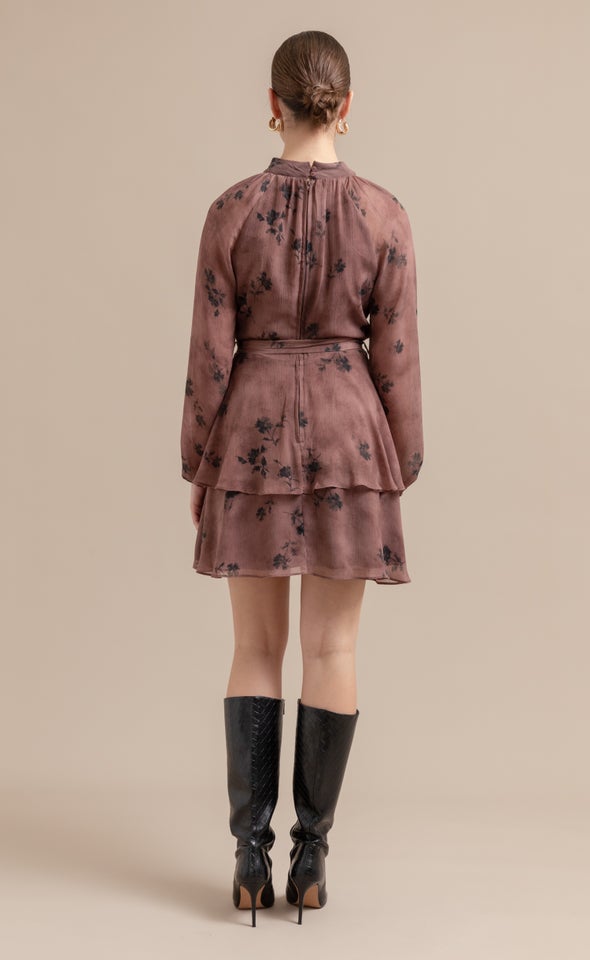 Chiffon Layered Skirt LS Dress Rose Taupe/black
