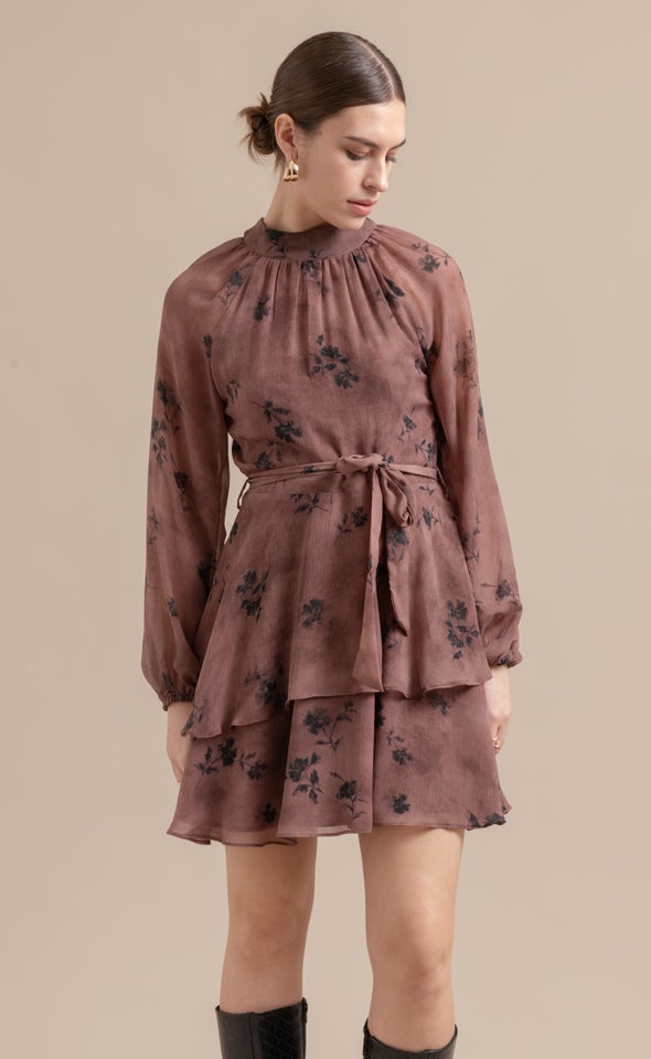 Chiffon Layered Skirt LS Dress Rose Taupe/black
