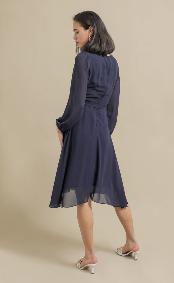 Chiffon Long Sleeve Skater Dress Navy