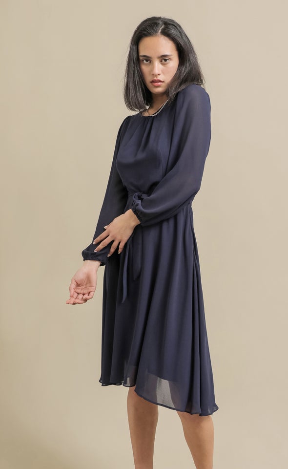 Chiffon Long Sleeve Skater Dress Navy