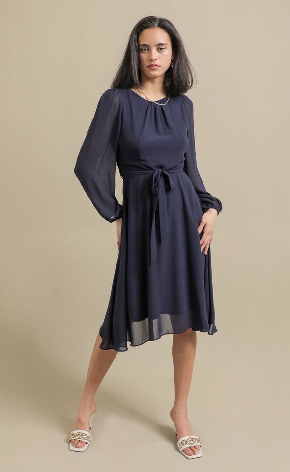 Chiffon Long Sleeve Skater Dress Navy