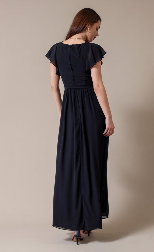 Chiffon Overlay Flutter Detail Gown Black