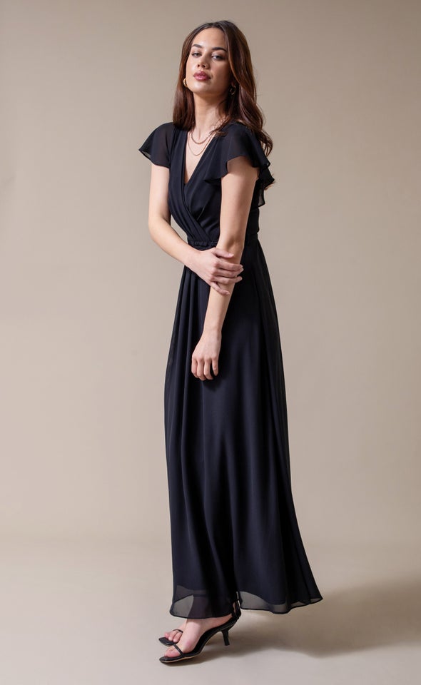 Chiffon Overlay Flutter Detail Gown Black