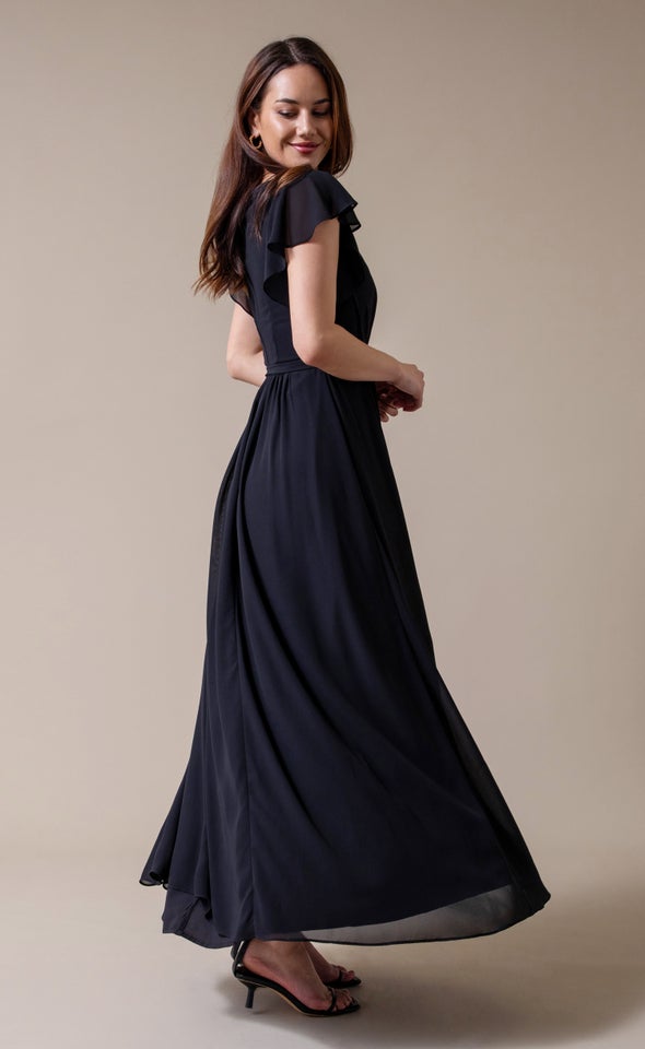 Chiffon Overlay Flutter Detail Gown Black