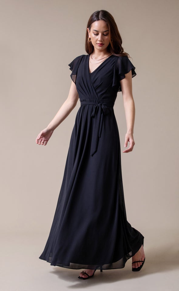 Chiffon Overlay Flutter Detail Gown Black