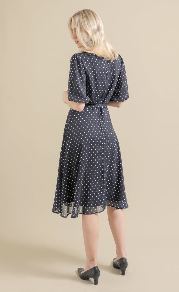 Chiffon Puff Sleeve Skater Dress Navy/ Cream