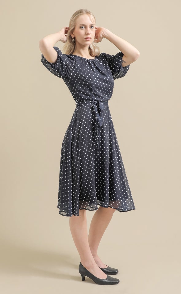 Chiffon Puff Sleeve Skater Dress Navy/ Cream