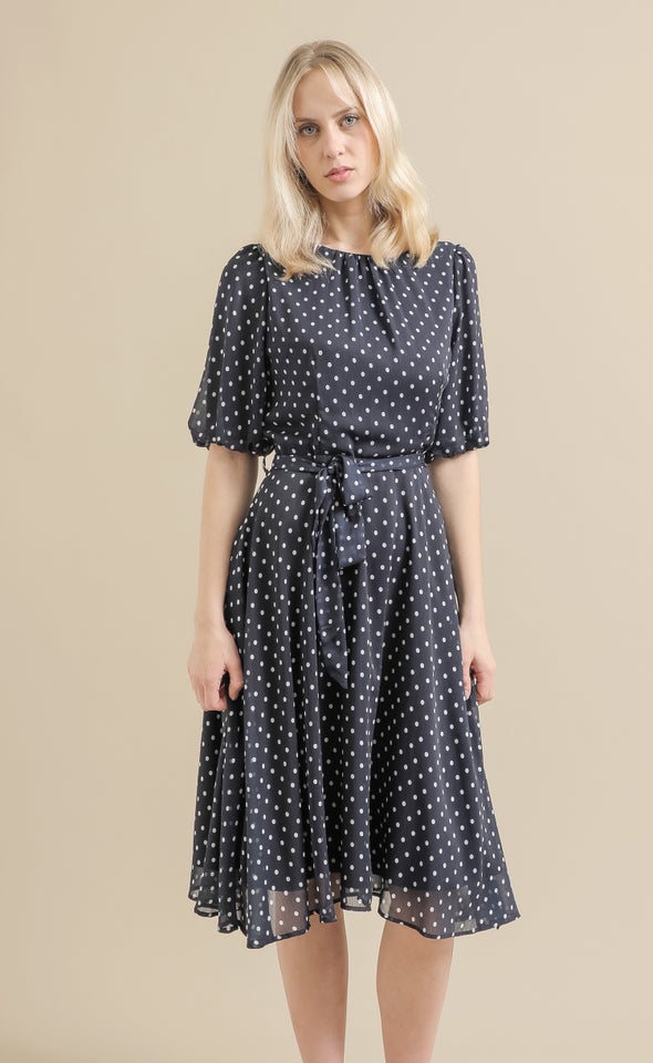 Chiffon Puff Sleeve Skater Dress Navy/ Cream