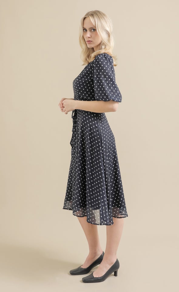 Chiffon Puff Sleeve Skater Dress Navy/ Cream