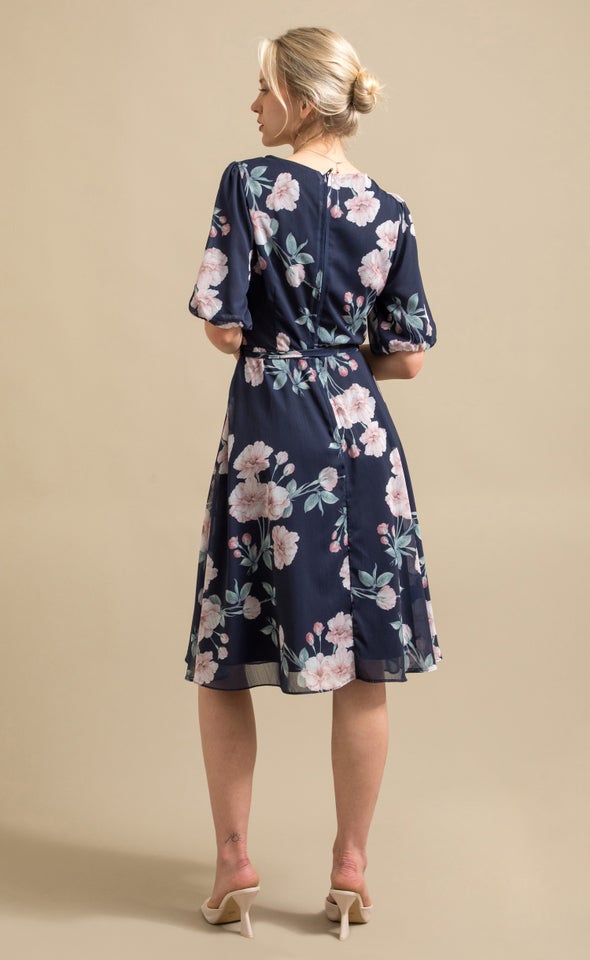 Chiffon Puff Sleeve Skater Dress Navy/floral