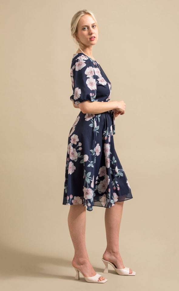 Chiffon Puff Sleeve Skater Dress Navy/floral