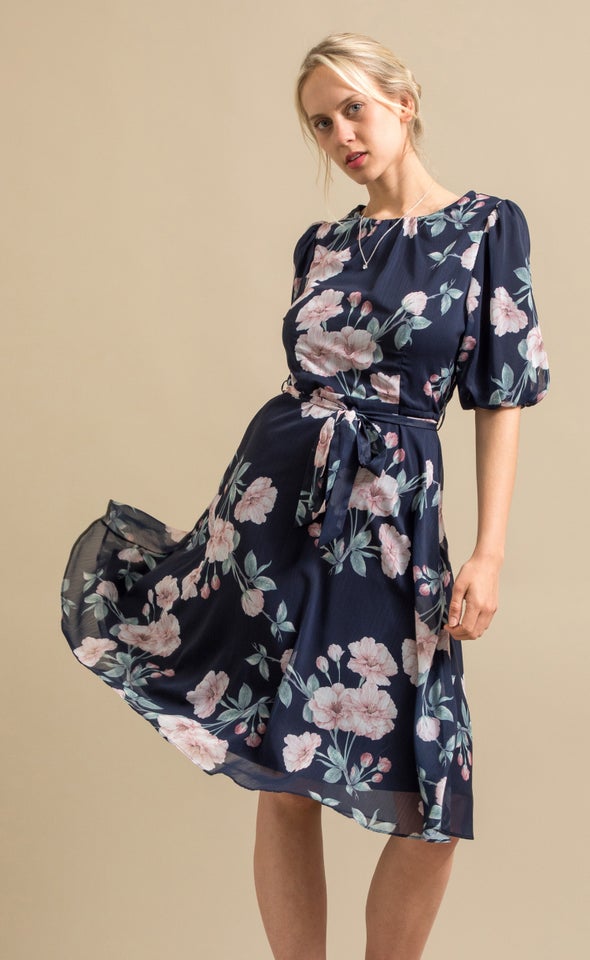 Chiffon Puff Sleeve Skater Dress Navy/floral