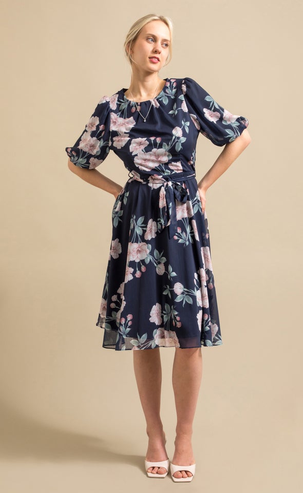 Chiffon Puff Sleeve Skater Dress Navy/floral