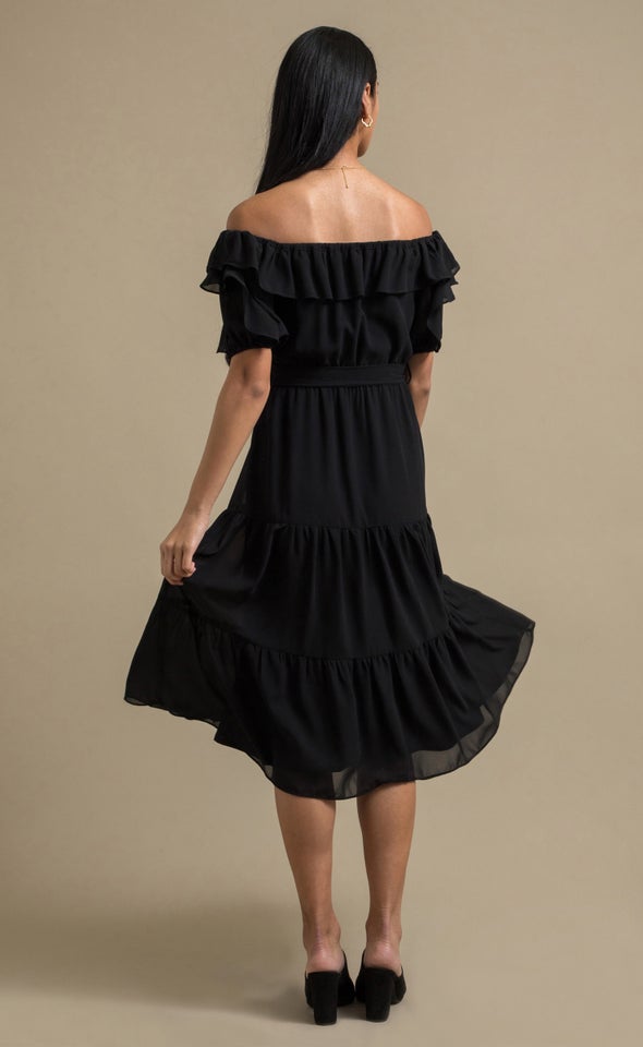 Chiffon Ruffle Off Shoulder Dress Black